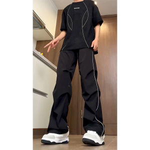 กางเกงกีฬาลำลองชายแห้งเร็วสไตล์อเมริกัน กางเกงขายาวทรงตรงลายทาง กางเกงกีฬาลำลอง แบรนด์แฟชั่นสำหรับฤดูร้อน