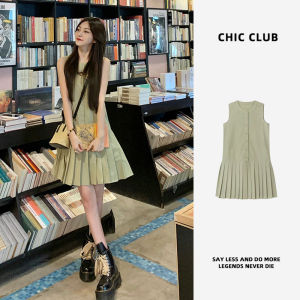 Fashionable Sleeveless Vest Dress Womens Mini Size Trendy Pleated Skirt 2024 New Summer High Waist A-Line Midi Skirt