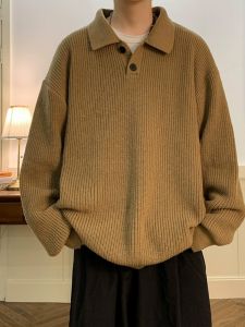 เสื้อสเวตเตอร์คอโปโลผู้ชาย สีพื้น ทรงหลวม แขนยาว ทรงหลวม สไตล์ย้อนยุค สไตล์อเมริกัน ผ้าถัก แฟชั่นฤดูใบไม้ผลิและฤดูใบไม้ร่วง