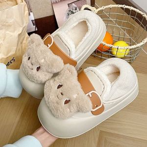 Cute Bear Waterproof Cotton Slippers Womens Winter Home Indoor Home Non Slip plus Velvet Bag Heel Warm Plush Cotton Shoes
