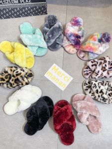 รองเท้าแตะบ้านผ้าขนสัตว์แบบมีสายรัดข้าม ขนาดใหญ่ 45 ลายเสือดาว รองเท้าแตะเด็กชายและเด็กหญิง รองเท้าแตะผ้าฝ้าย รองเท้าแตะบ้าน สวมใส่สบาย