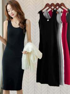 เสื้อกั๊กแขนยาวชุดเดรสสําหรับผู้หญิงขนาดบวกฤดูร้อนเชือกเส้นเล็กกระโปรงกลางเอว Crewneck สไตล์พื้นฐานผ้าสีที่บริสุทธิ์