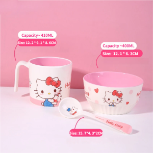 WUHE Hello Kitty Kids Melamine Bowls Plate Cartoon Girl Tableware Set BPA-Free Unbreakable Dinnerware Dishwasher Safe