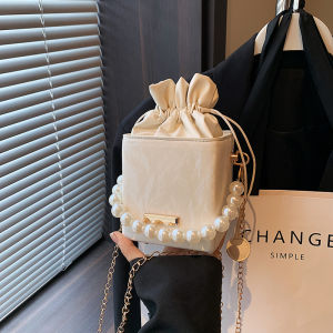 Fashionable Pearl Bucket Bag Womens Single Shoulder Crossbody Bag Simple Stylish Summer Handbag High Quality Leather Bag