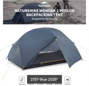 Naturehike Mongar Ultralight Double Tent - Dome-shaped lightweight waterproof 2-person capacity yellow guy lines.