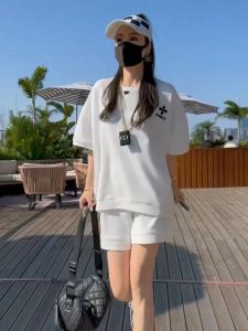 Summer 2025 Womens Fashion Loose Short Sleeve T-Shirt Set Wide Leg Shorts Casual Sportswear Two Piece Set Cotton Material