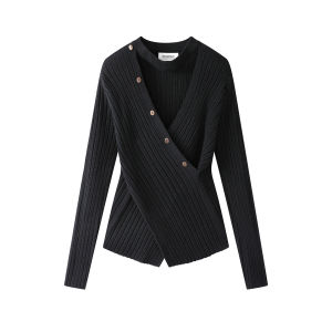 XinmonLee V-Neck Pure Color Knitted Sweater Slim Fit Autumn Winter Cross Splicing Base Layer Sweater Inner Wear Korean Style