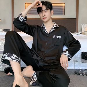 High-quality Mens Pajama Set Thin Satin Chiffon Pajama Set for Spring and Autumn Long-sleeved Casual Loungewear.