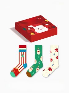 HAPPYLEMON | ถุงเท้าคริสต์มาสคู่รัก ถุงเท้าครึ่งแข้ง ผ้าฝ้าย ระบายอากาศได้ดี ปกป้องเท้าในฤดูหนาว ถุงเท้าผู้ชายและผู้หญิง กล่องของขวัญ