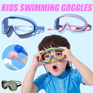 Kids Swimming Goggles Large Frame Silicone with Earplugs Anti-fog Waterproof Swim Goggles Set