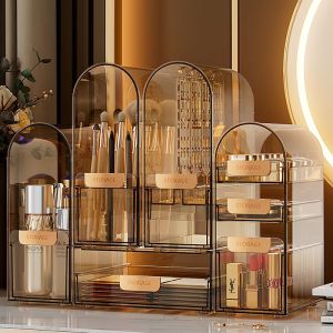 Simple transparent light luxurious dustproof makeup box with lid storage box complete set of dressing table lipstick and skincare products storage rack