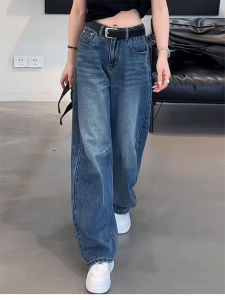 กางเกงยีนส์ทรงหลวมเอวสูงสีน้ำเงินทรงหัวเข็มขัดสำหรับผู้หญิง กางเกงขายาวทรงตรงขากว้างสำหรับผู้หญิงไซส์ใหญ่ ฤดูใบไม้ผลิ 2025