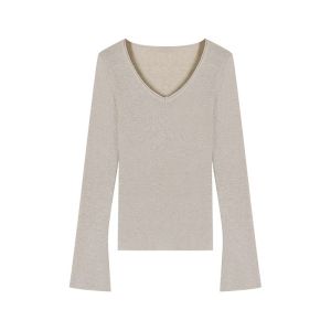 เสื้อยืดคอวีถักบางหลวมๆ สำหรับผู้หญิงในฤดูใบไม้ร่วงและฤดูหนาว เสื้อชั้นในสีพื้น แขนยาว ทรงหลวม สวมใส่สบาย