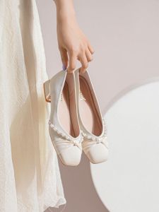 French Wedding Shoes Low Heel High Heel Mary Jane Slip-On Pearl Single Shoes Womens Fashion Single Shoes Simple Style