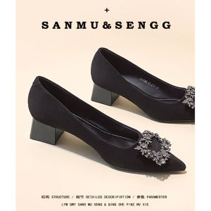 French Black Low Heel High Heels Womens 2025 New Spring Elegant Comfortable Velvet Surface Pointed Toe Single Shoes