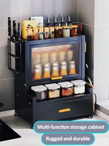 GSlife🔥🔥【กันฝุ่นและแมลง】2/3ชั้น ชั้นวางเครื่องปรุง สีขาว/ดำ ที่วางแก้วน้ำ ขวดน้ำมัน ชั้นวางของในครัว Kitchen Seasoning Cabinet