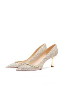 สีแชมเปญรองเท้าแต่งงาน 2-Way สวมใส่เจ้าหญิงภาษาฝรั่งเศสคํา Pointed Toe เลื่อมรองเท้าส้นสูงสีแชมเปญรองเท้าส้นสูงสําหรับเจ้าสาว