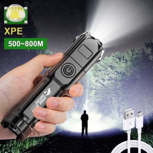 LED Flashlight Zoom Super Bright Portable USB Rechargeable T6 Torch ABS Strong Light Waterproof Focusable For Outdoor Camping Fishing Hiking