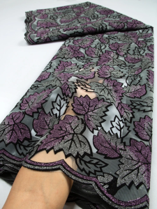 African French Flocking Mesh Lace Fabric: High-Quality Nigerian Lace Fabrics for Women's Evening Party Dresses