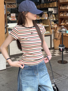 Áo Thun Tay Ngắn Ôm Vừa Vặn Cổ Tròn Sọc Cổ Điển Mỹ Cho Nữ Mùa Hè Áo Thun Nữ Tính Đa Năng Ngắn