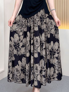 Summer Thin Print Half Skirt Loose Casual High Waist Midi Floral A-Line Skirt Conceals Belly Comfortable Elastic Waist