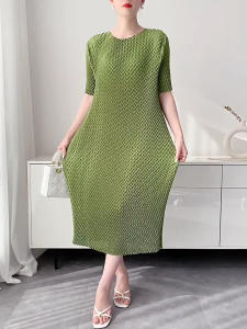 KESHANGYI Handmade Pineapple Pleated Womens Dress Summer Short Sleeved Mid Length Dresses Comfortable Casual O-neck