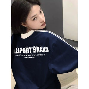 Áo Thun Tay Ngắn Kẻ Sọc Màu Xanh Lam Cho Nữ Áo Thun Cotton Dáng Rộng Cổ Tròn Mùa Hè Phong Cách Mỹ Cổ Điển Thiết Kế Thời Trang