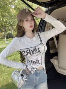 Spring Autumn Korean Style Slim Fit Letter Print round Neck Womens Asymmetrical Zipper Splicing Print T-Shirt Fashionable Casual Top