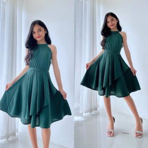 Girls Elegant Halter Dress 7-10 Years Old Plain Flowy Party Birthday Kids Dress