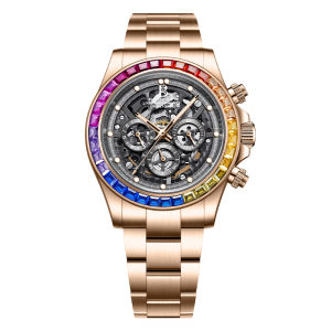 BONEST GATTI Men Automatic Mechanical Watch Rainbow Bezel Skeleton Chronograph Prism Engine Racing Series 41mm Dial Luminous Daily Waterproof Luxury Wristwatch Gift For Boyfriend