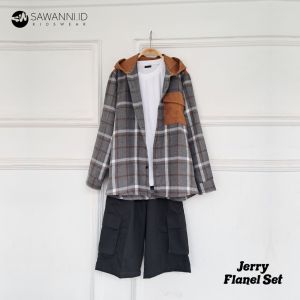 Sawanni.ID Setelan Kaos Kemeja Anak Laki Laki Remaja 10-18th Jerry Flanel Set 3in1