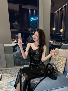 Acetate Satin Long Dress Womens Summer New High-End Feel Print A-Line Gown Sleeveless High Waist Leaf Pattern Ins Style