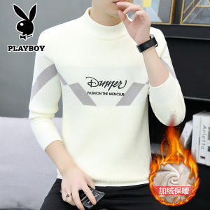 Playboy Men Sweater Autumn and Winter Half Turtleneck Fleece-lined Thickened Single-Layer Fleece-Lined Knitwear Woolen Sweater Top Clothes