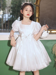 Princess Style White Satin Dress for Little Girls Kindergarten Graduation Performance Costume Hostess A-Line Skirt Dress