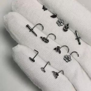 1PC G23 Titanium L&5 Shaped Nose Stud Piercings Bee & Sword Nose Rings Threadless Flower Diamond Nose Bone Piercing Jewelry 20G