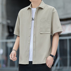 Mens Casual Loose Fit Short Sleeve Shirt Thin Breathable Summer Fashion Polyester Fiber Urban Style Youth Casual Pure Color