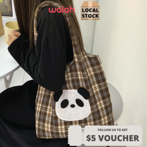 Cute Ladies Student Handbags Canvas Tote Bag Shoulder Shopper Bags Embroider Khaki Plaid Canvas Bag