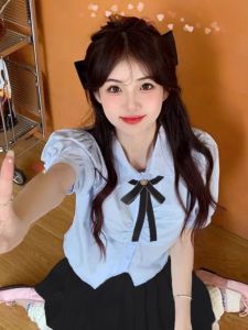 Blue Short Bubble Sleeve Shirt Womens Summer JK Uniform Set Top Design College Style Polyester Fiber Anti-Wrinkle Regular Sleeve