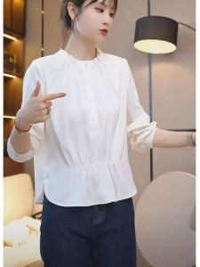 Elegant Korean Style Long Sleeve Shirt Womens Stand Collar Base Layer Top Button Detail Loose Fit Commute Autumn New Design