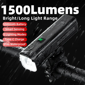 ROCKBROS Đèn Pha Xe Đạp 1500 Lumens Đèn Trước Xe Đạp Leo Núi Bằng Hợp Kim Nhôm Cảm Biến Thông Minh Chống Nước Đèn Pin Xe Đạp Sạc Được Type-C 5500 MAh Phụ Kiện Xe Đạp