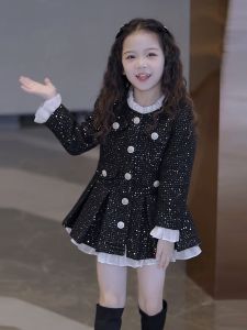 Girls Fleece Lined Dress Korean Style Autumn Winter New Fashion Children Small Fragrance Wind Skirt Hepburn Style Kids Clothing