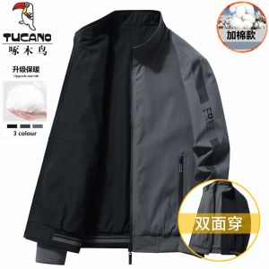 แจ็คเก็ตคอตั้งสองด้านสำหรับผู้ชาย ฤดูใบไม้ผลิและฤดูใบไม้ร่วง สไตล์ลำลอง เสื้อโค้ทกันหนาวแบบสวมหัว ผ้าฝ้ายโพลีเอสเตอร์