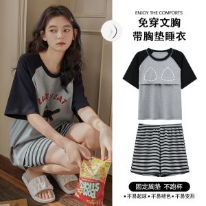 Fenteng Care Pure Cotton Summer Sleepwear with Chest Pad Womens Short Sleeve Shorts Home Clothes Cartoon Cute Style Print