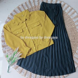Setelan Anak Perempuan Ovi Atasan Kemeja Crop Crincle Rok Plisket Mayung Fashion Kekinian