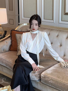 French Elegant Black Satin V-neck Shirt Womens Autumn Design Sense Sash Chiffon Top Korean Style Commute Straight Cut Long Sleeve