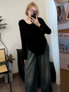 plus Size One Shoulder Uneven Slim Fit Knitwear Autumn New Style Womens Inner Wear Base Layer Top plus Size Conceal Meat Slimming