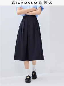 Giordano Womens Commute Pleated Wide Leg Nine Point Pants Half Elastic Waist Skirt Pants Polyester Blend Comfortable Fit