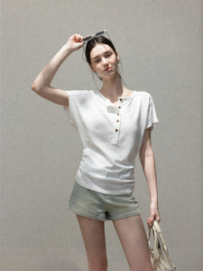 Cantonstory | French Style White Henry Neck Waist Cinching Loose T-Shirt