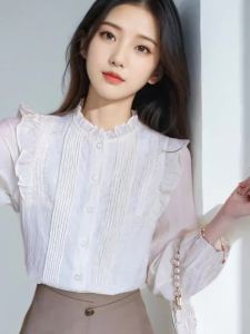 AMMIN 2024 Autumn new Sweet peplum stand collar fashion Pleated stripe texture single breasted commuter chiffon shirt Womans Korean version of the long sleeve simple white elegant blouse