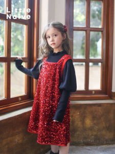 LittleNaive ชุดเดรสผ้ากำมะหยี่สีแดงสำหรับเด็กผู้หญิง ชุดเจ้าหญิง ชุดวันเกิด ชุดเดรสแขนกุด ชุดเดรสแฟชั่นฤดูใบไม้ผลิและฤดูใบไม้ร่วง